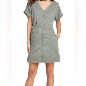 Universal Thread Olive Green Zip Up Dress Elastic Waist Front Pockets SZ Small